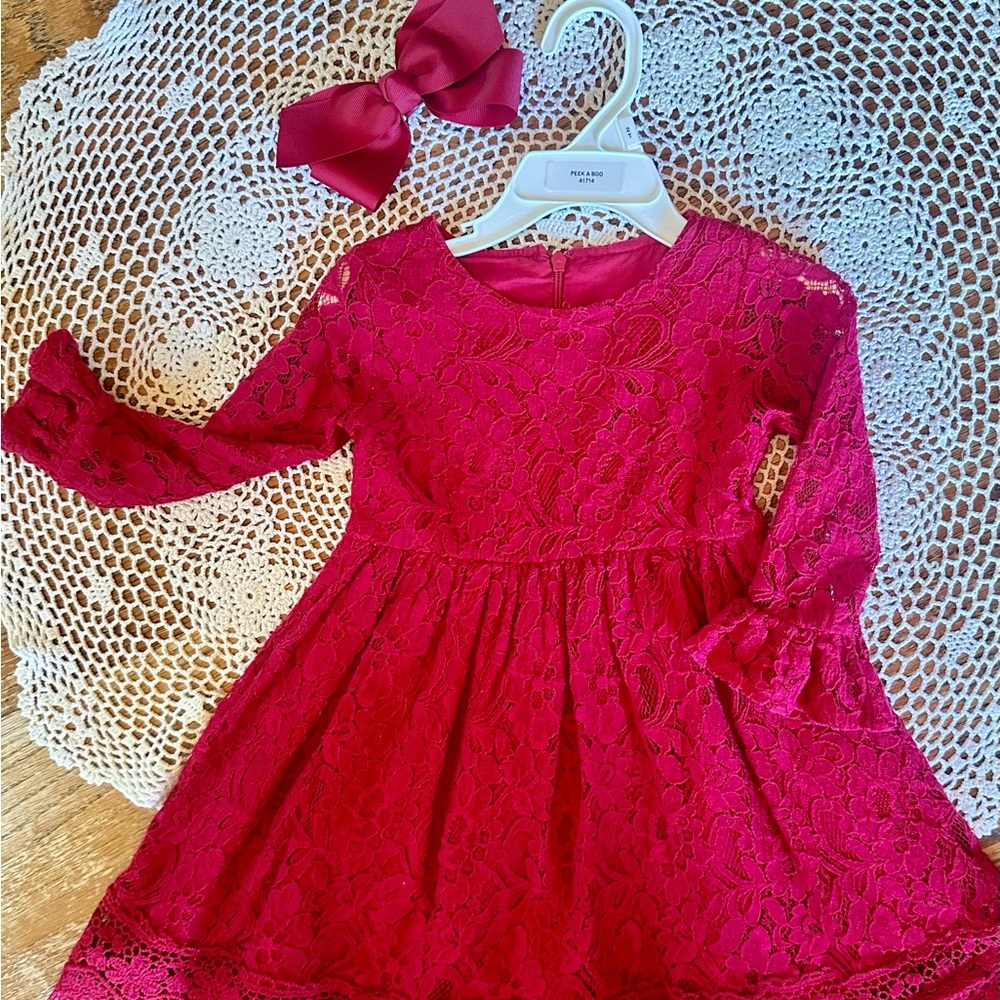 Girl’s Red Lace Dress and matching hair clip bow